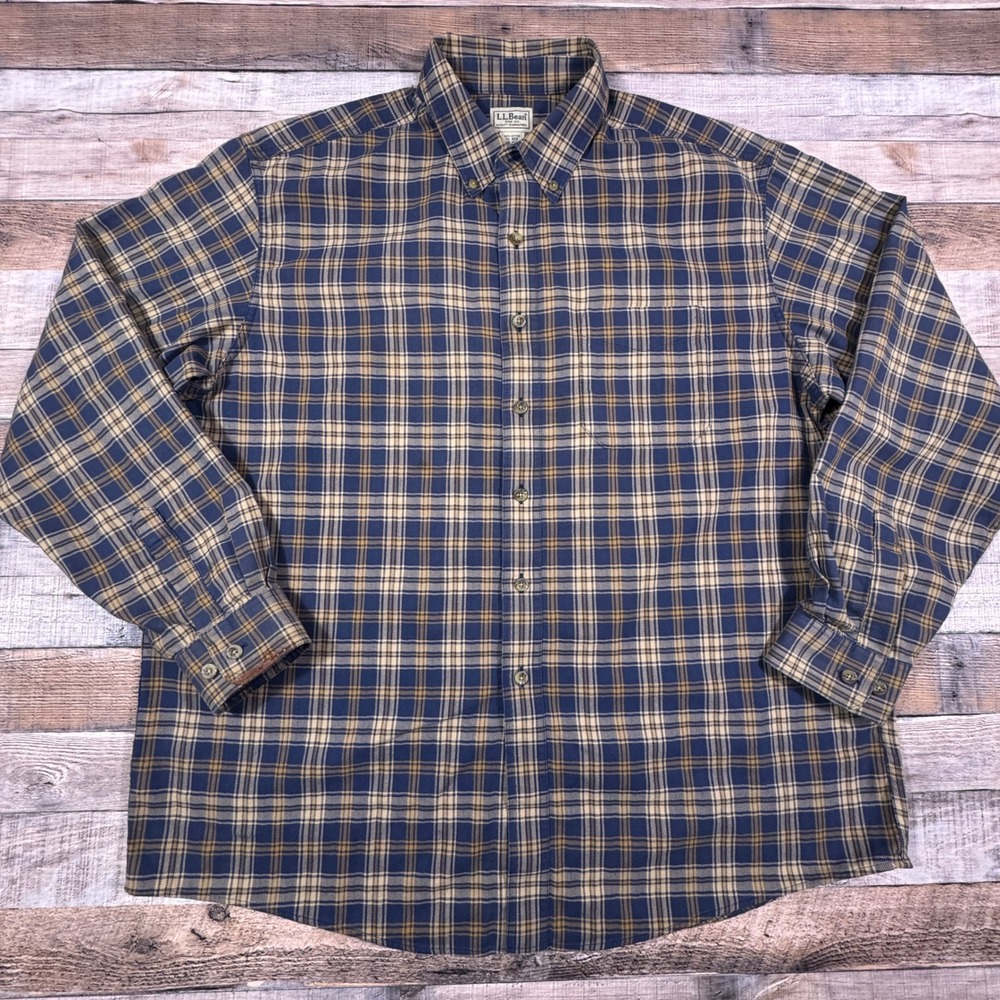 LL Bean Mens XL Plaid Flannel Shirt Blue Tan Long Sleeve Button Down